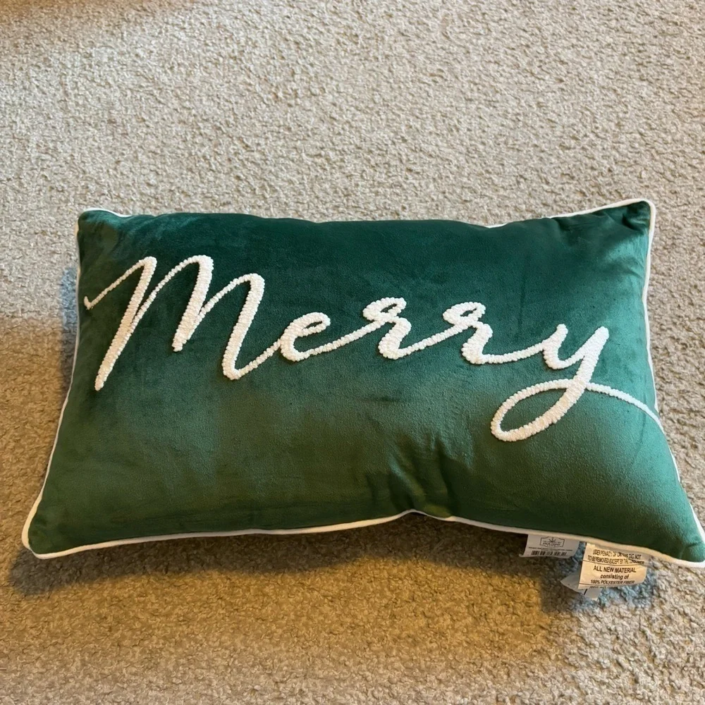 Merry Green Rectangular Christmas Throw Pillow NEW Textured
